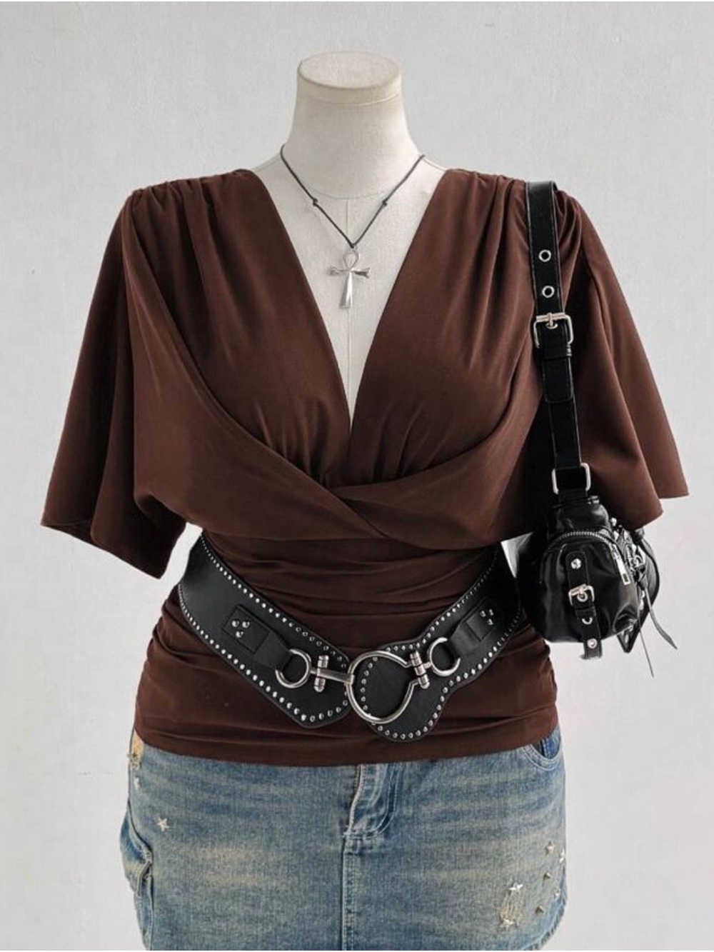 Brown Wrap V-Neck Short Sleeve Top